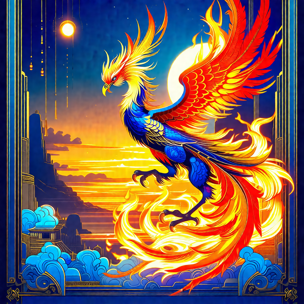 Large, colorful bird with a long tail, standing in a blue...