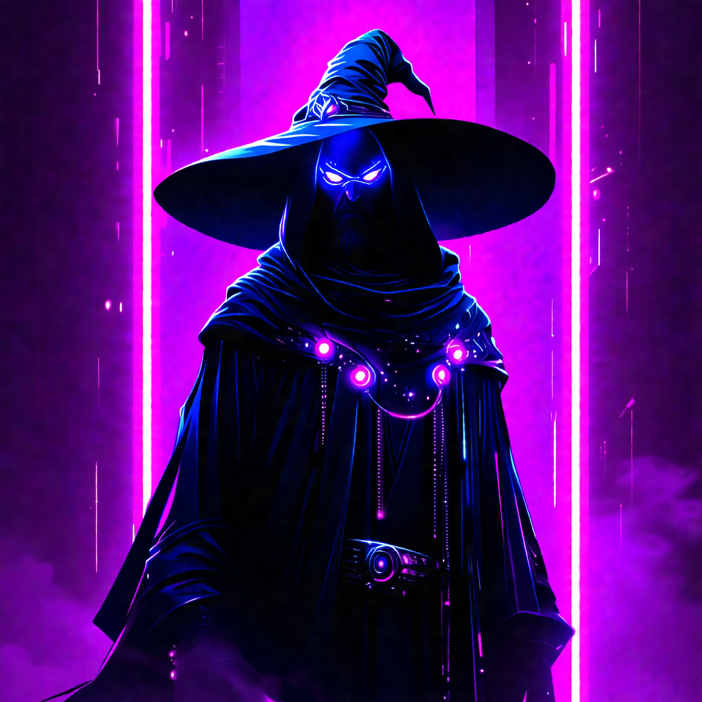 Wizard dressed in a black robe, standing in front of a pu...