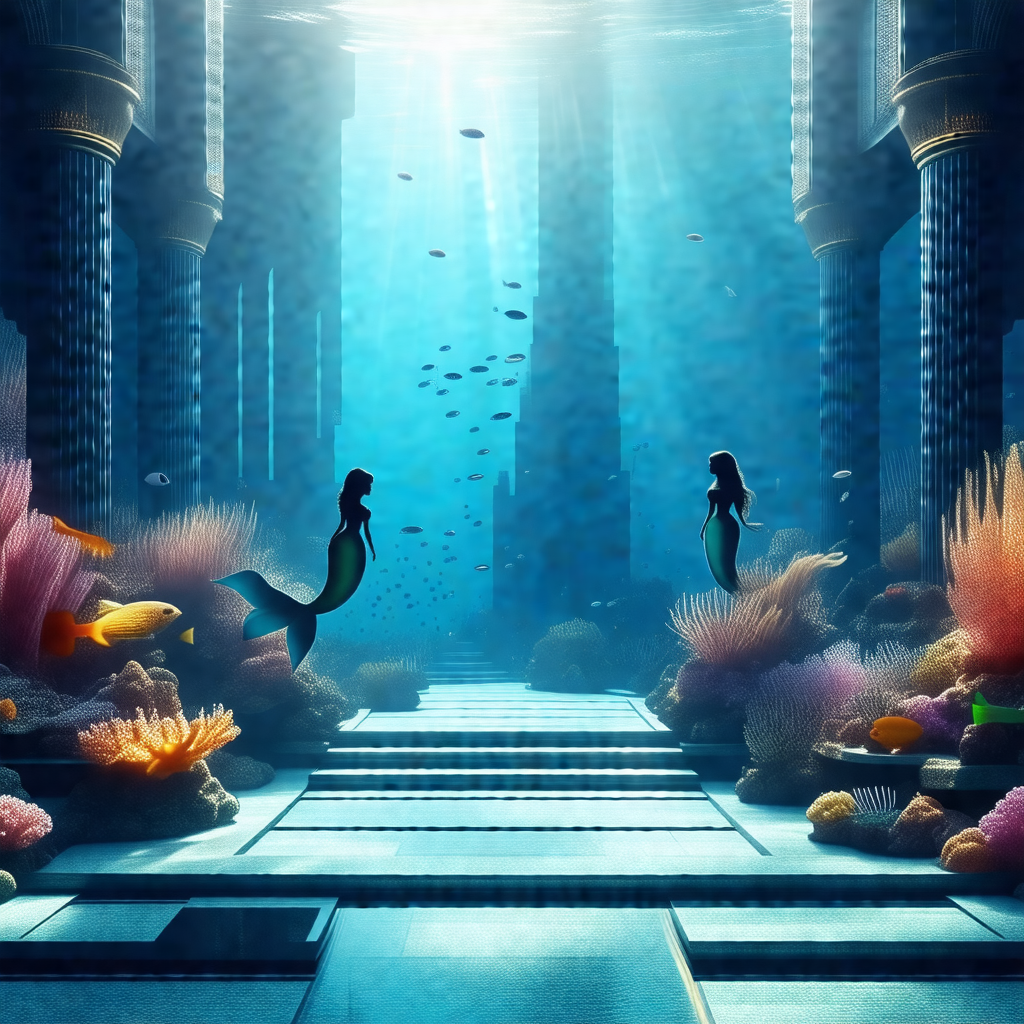 Two mermaids standing in a large body of water, possibly ...