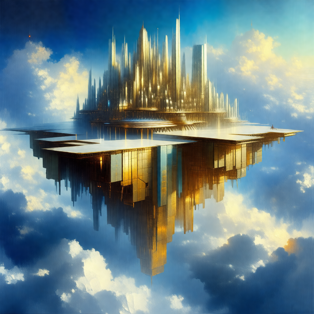 Painting of a futuristic cityscape, featuring a large, sp...