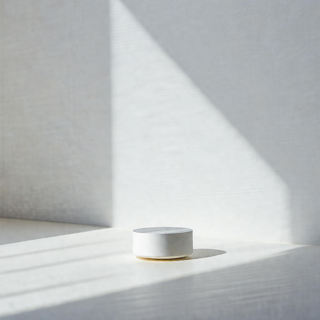 White table with a small white object sitting on top of it