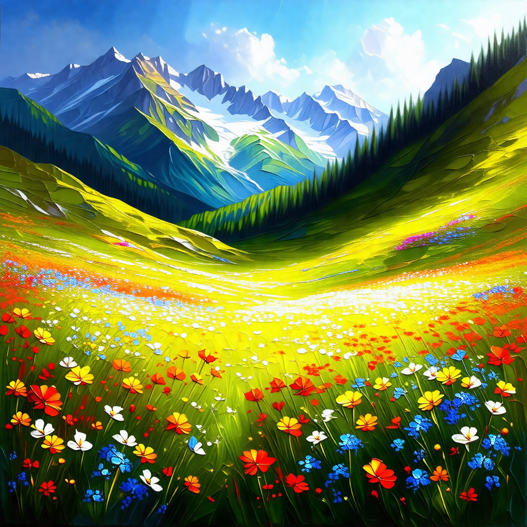 Beautiful, colorful field with a mountain range in the ba...