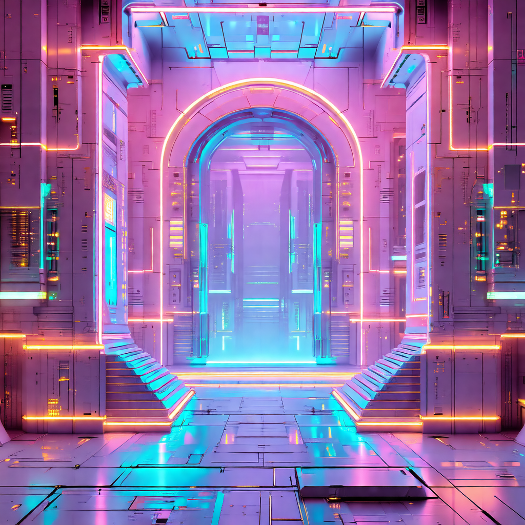 Futuristic, neon-lit hallway with a large, open doorway