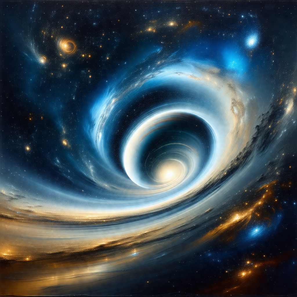 Painting of a spiral galaxy, featuring a swirling mass of...