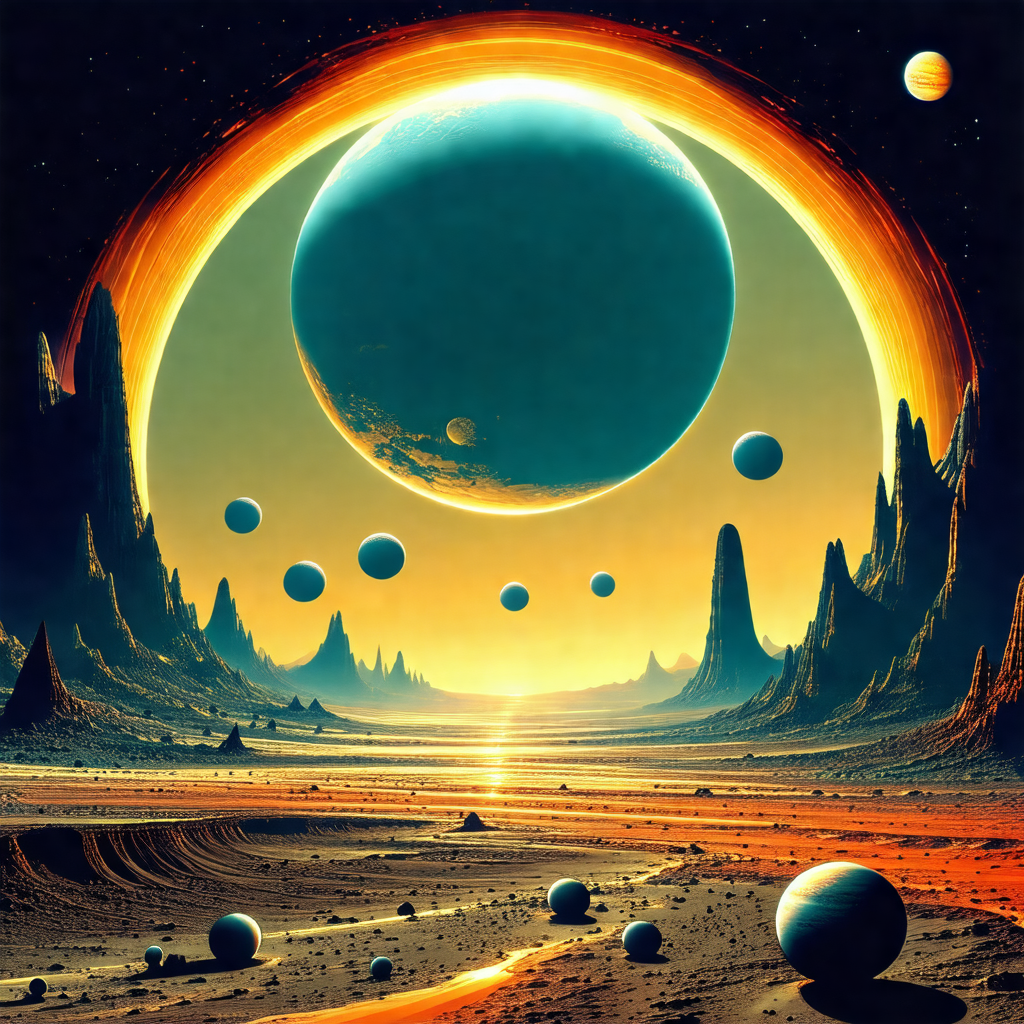 Painting of a planet with a ring of moons surrounding it
