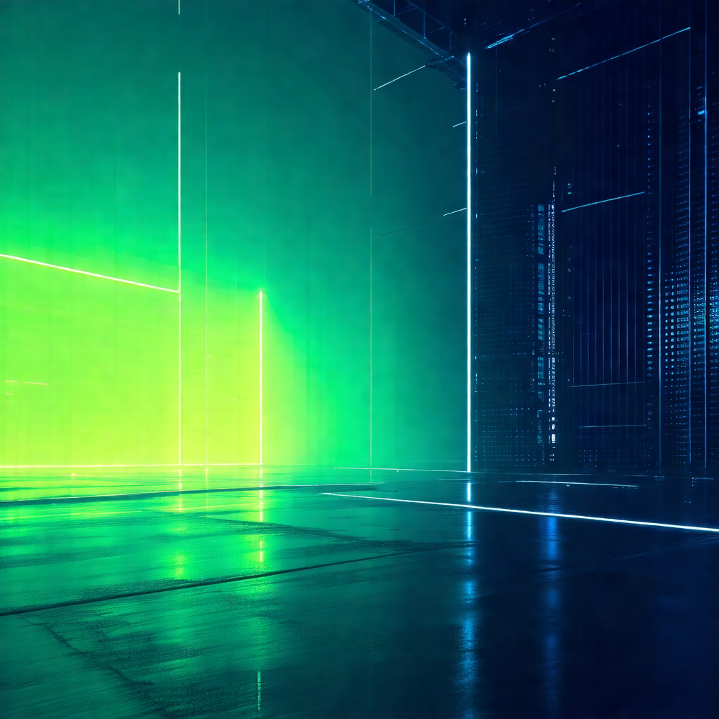 Black and white photo of a room with a green glow