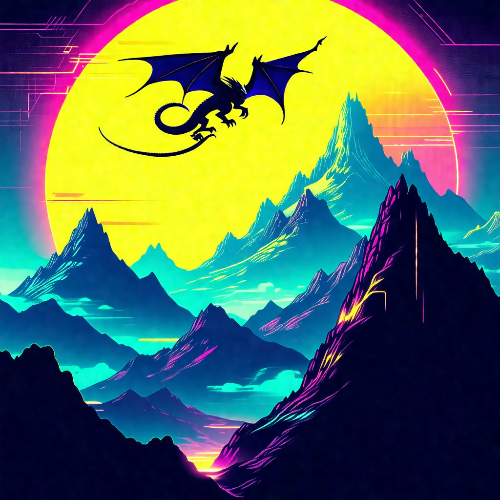 Dragon flying through the sky, with a mountain range in t...