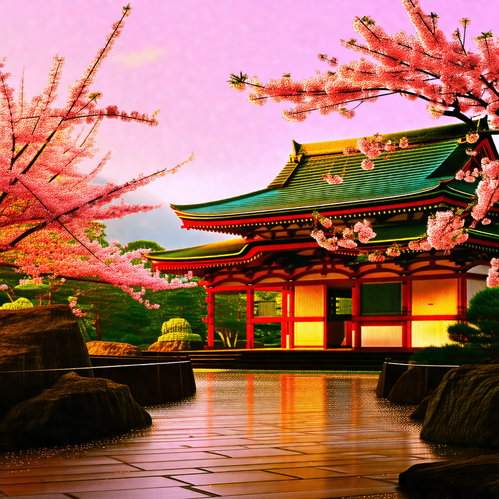 Beautiful japanese garden with a pagoda-style building in...