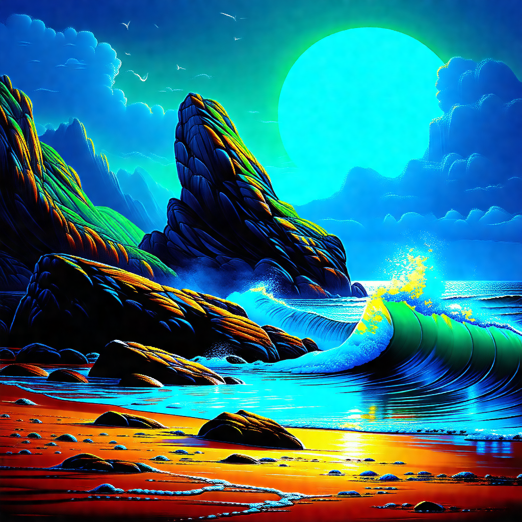 Painting of a beach scene with a large wave crashing onto...