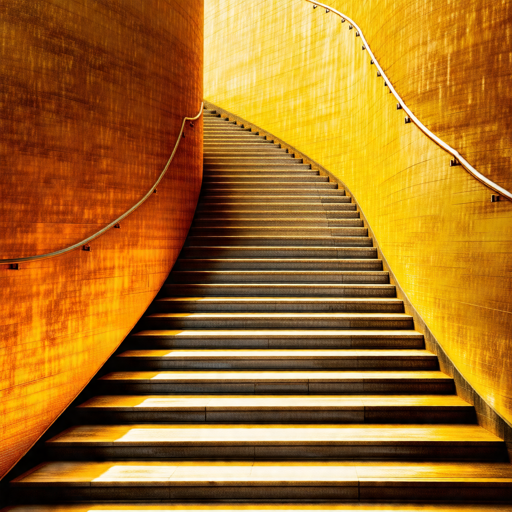 Staircase with a yellowish hue, giving it a warm and invi...