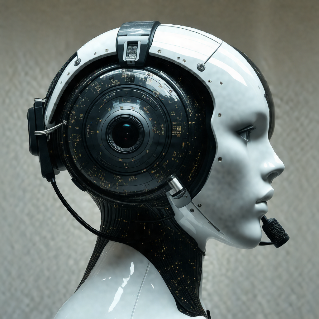 White robotic head with a large camera mounted on the front
