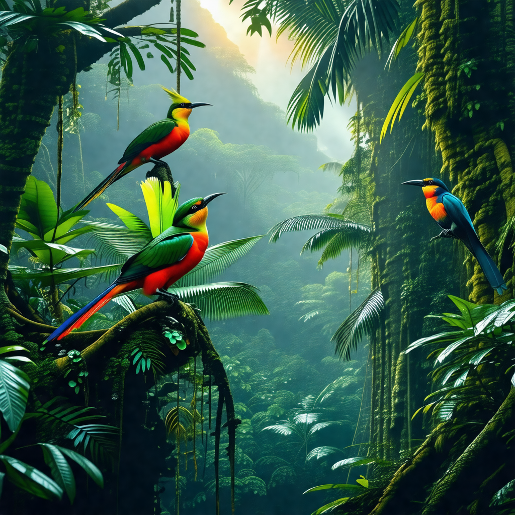 Lush green forest with a group of colorful birds perched ...
