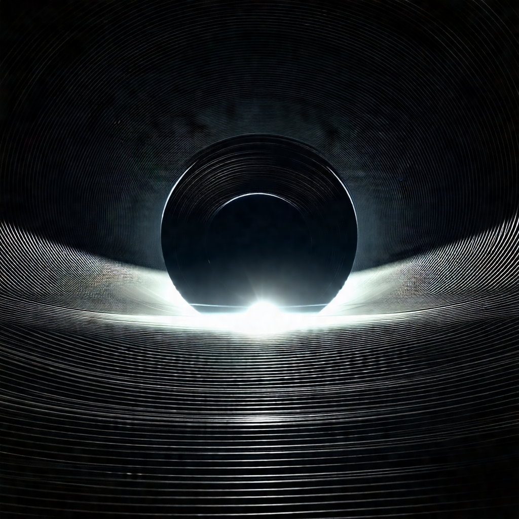 Black and white photograph of a large, round, dark object...