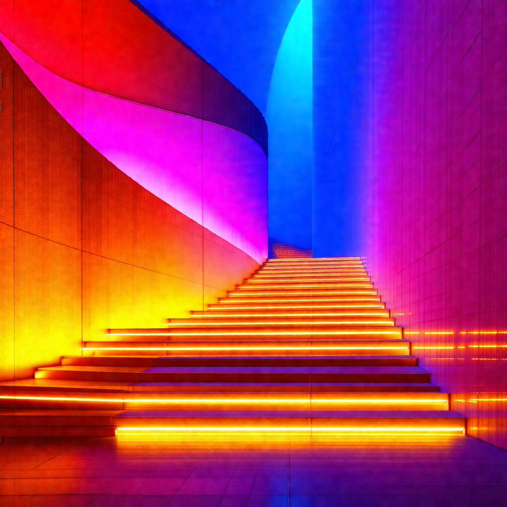 Staircase with a blue wall and a red wall
