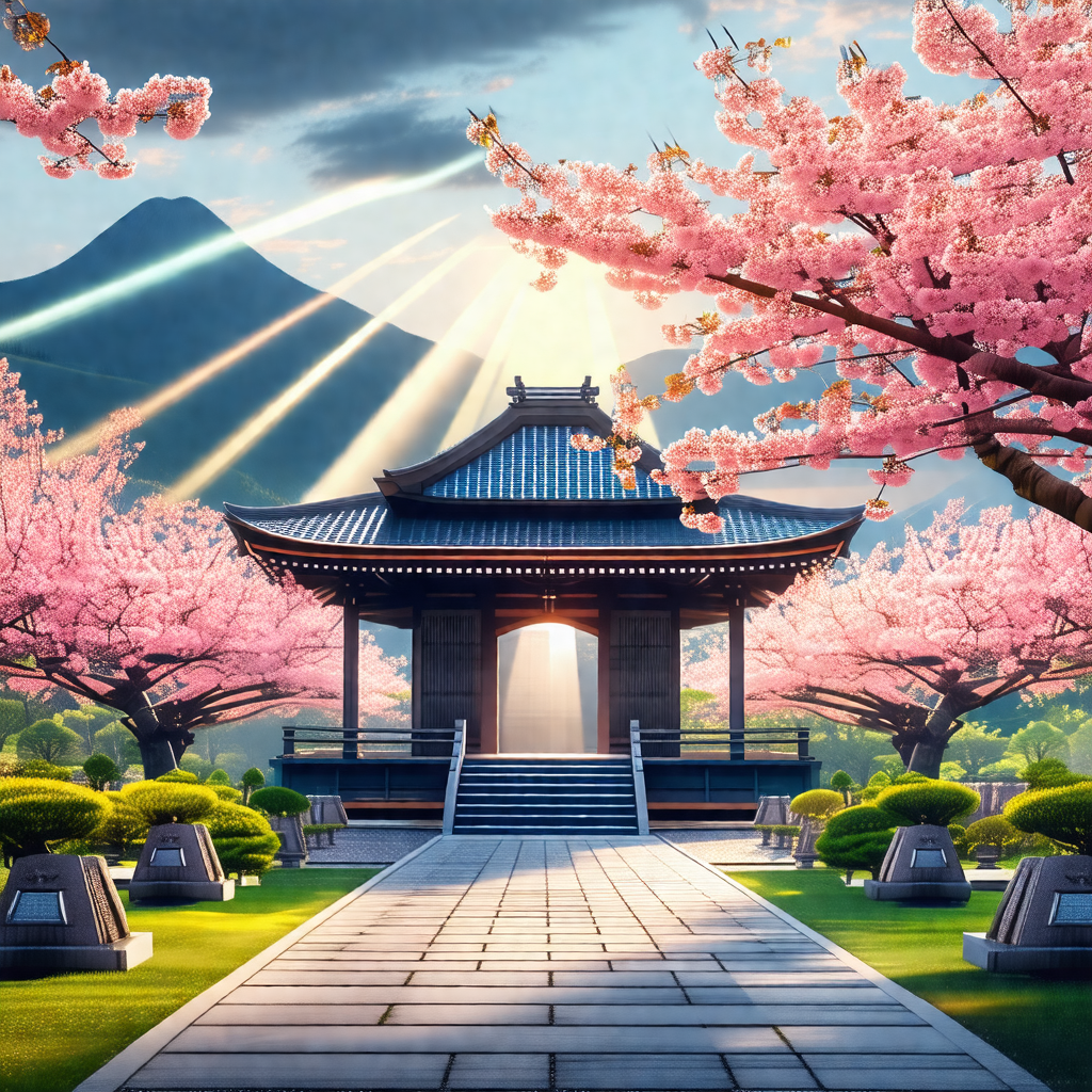 Painting of a beautiful garden with a pagoda-style buildi...