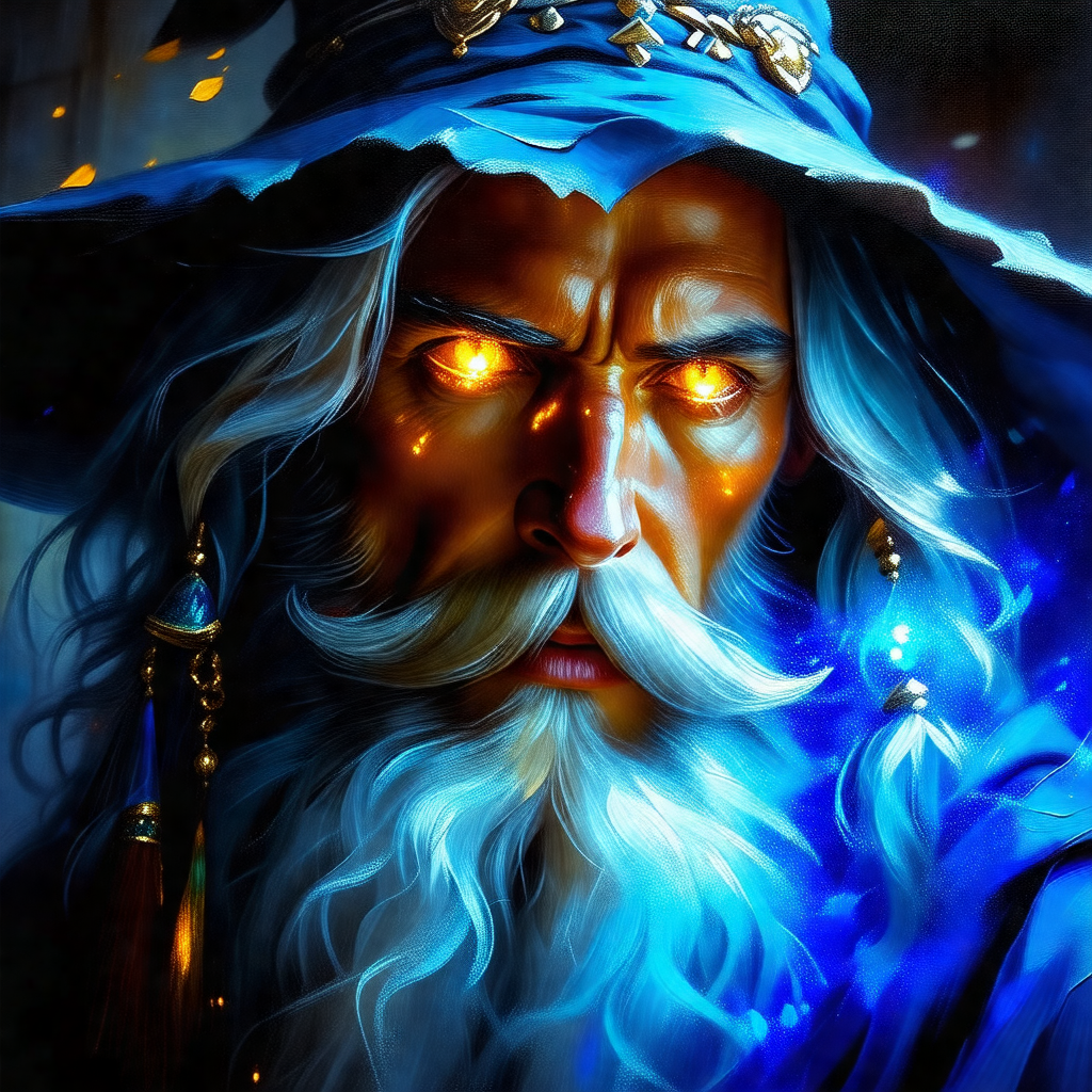 Man with a long beard and a blue hat, possibly a wizard o...