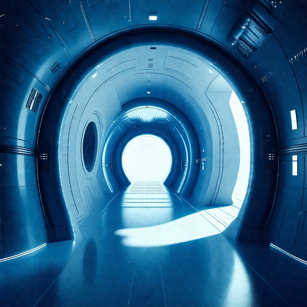 Futuristic space station with a large, open tunnel that l...