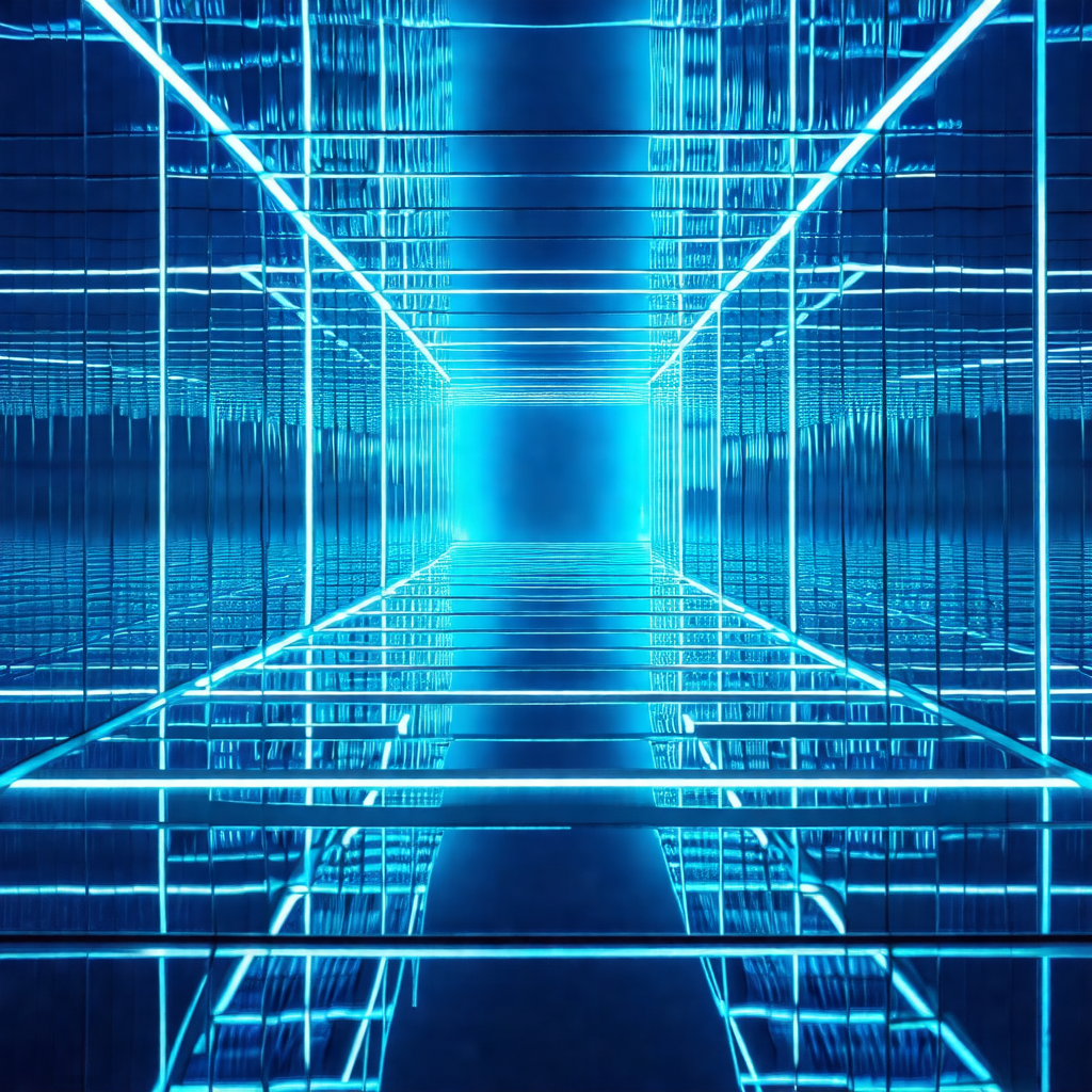 Long, narrow hallway with a blue light illuminating the s...