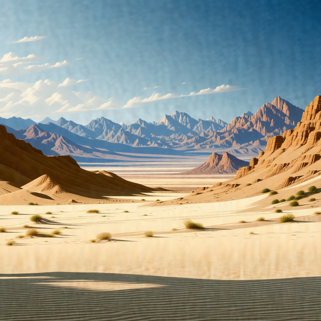 Vast desert landscape with a mountain range in the backgr...