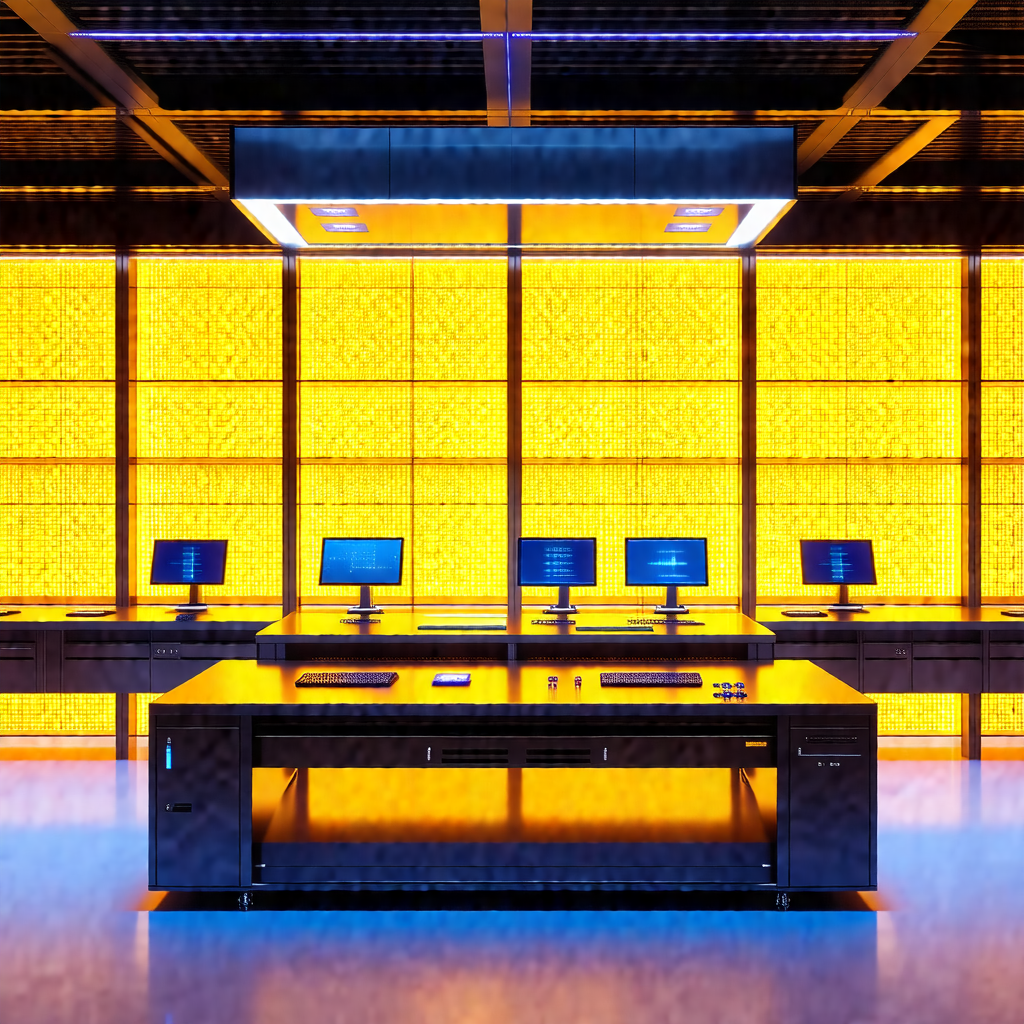 Large room with a long desk in the center