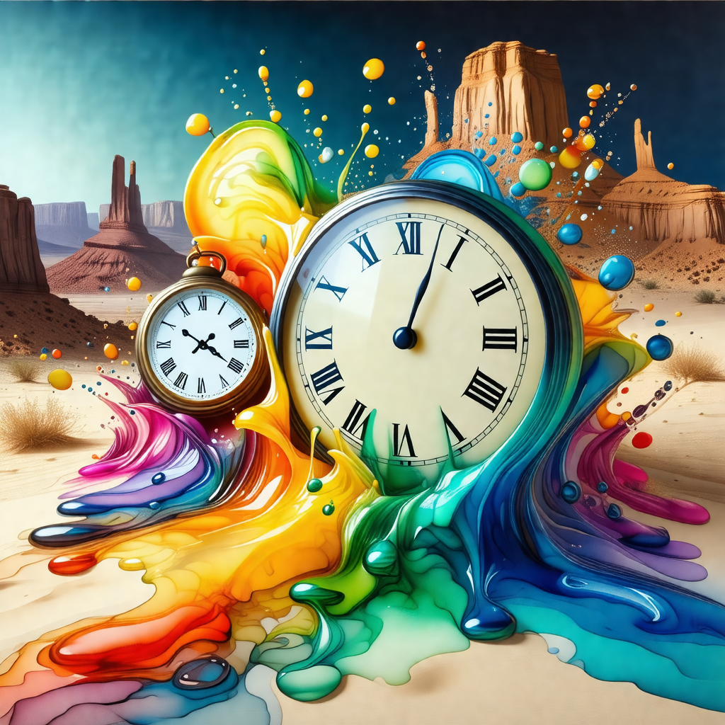 Large clock with a colorful background, surrounded by a v...