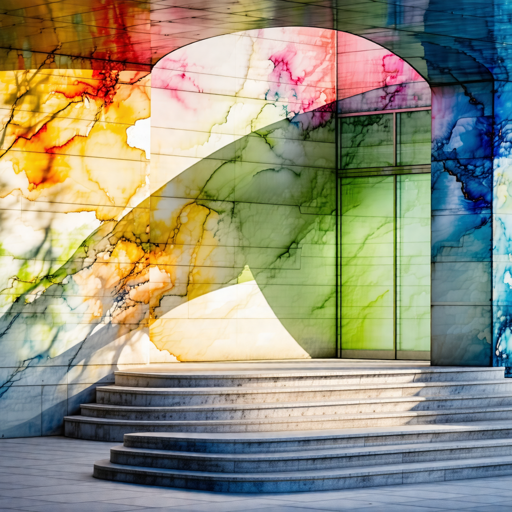 Colorful mosaic wall with a doorway that leads to a stair...