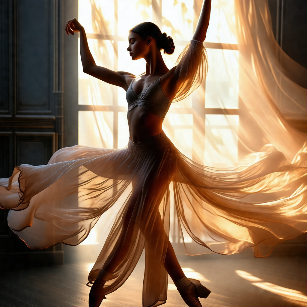 Woman in a white dress, standing in a room and performing...
