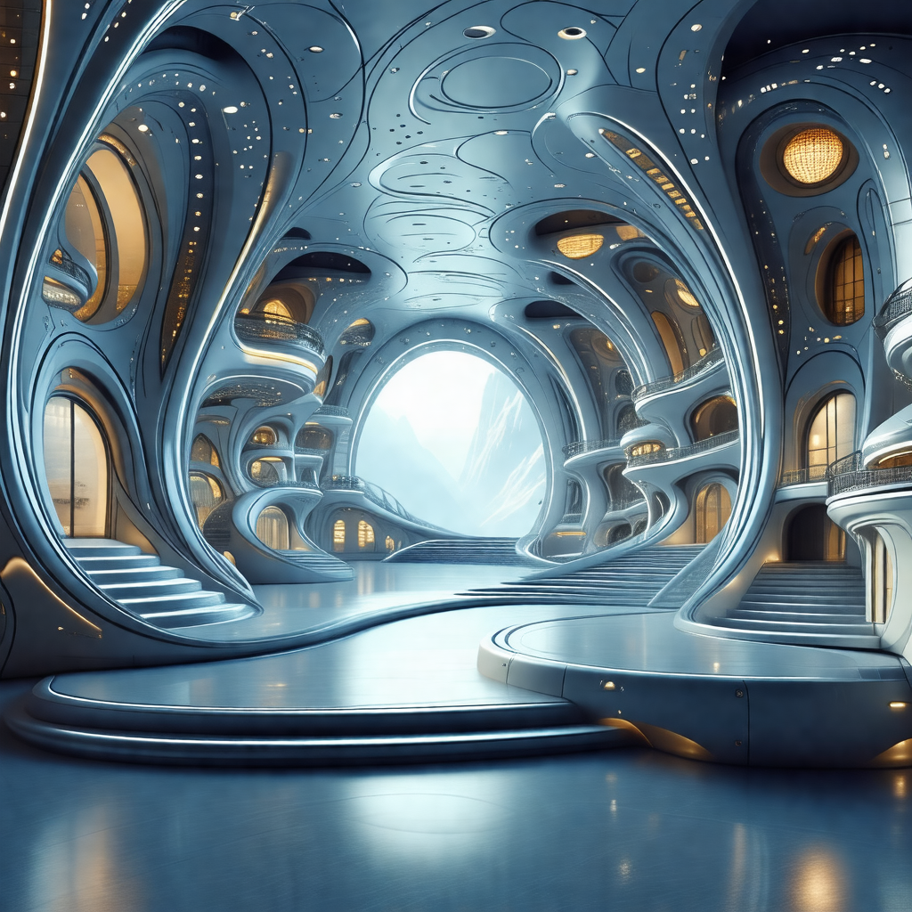 Futuristic city with a large, open, and airy building