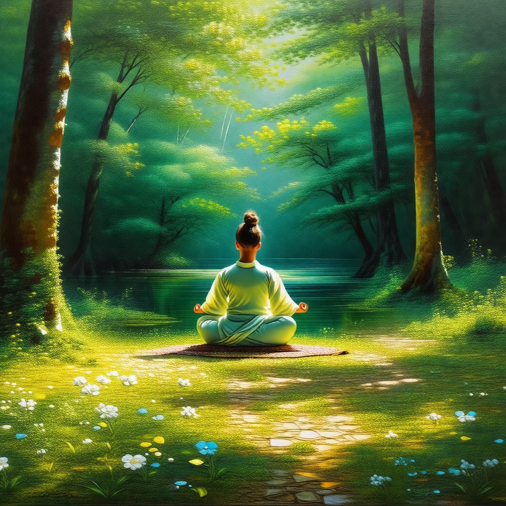 Woman sitting on the ground in a serene forest setting