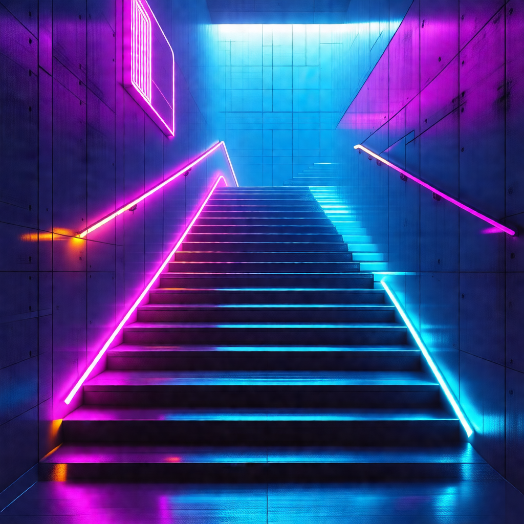 Staircase with a blue and purple lighting effect, giving ...
