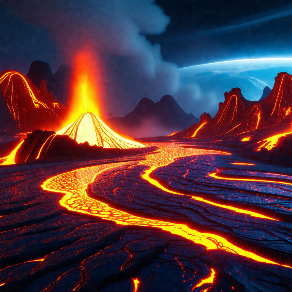 Volcanic landscape with a river of lava flowing through it