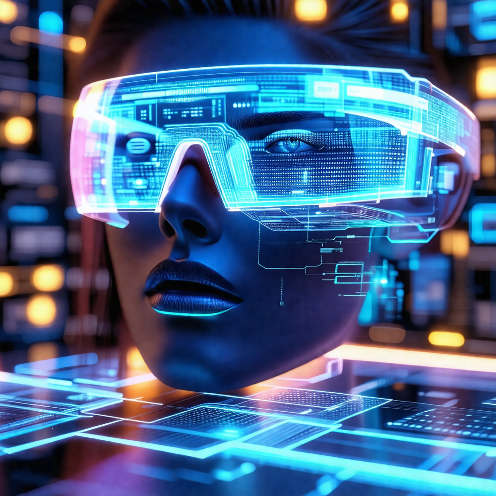 Woman wearing a pair of futuristic goggles, giving her a ...
