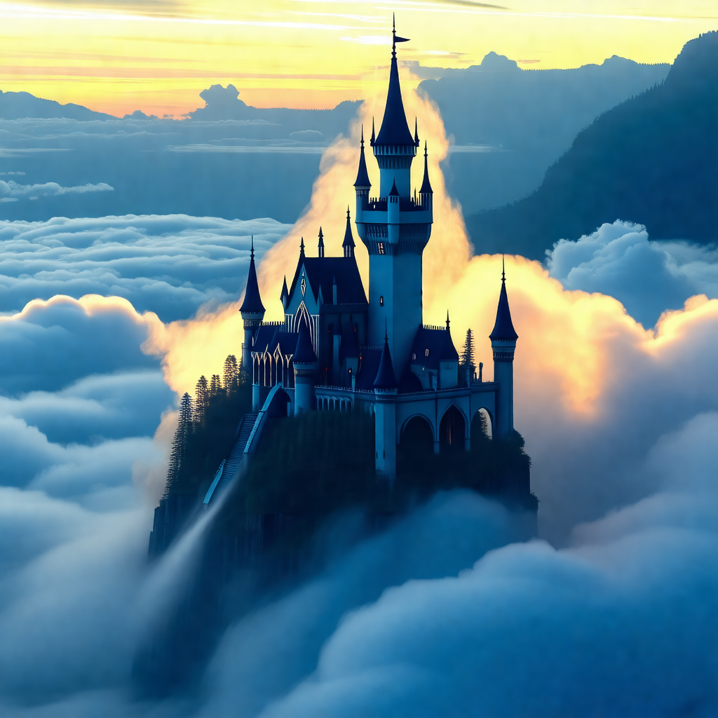 Majestic castle with a tall tower, situated on top of a m...