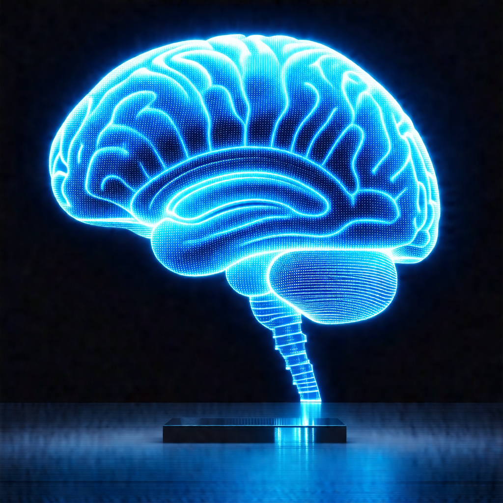 Blue neon light of a human brain, with the light shining ...