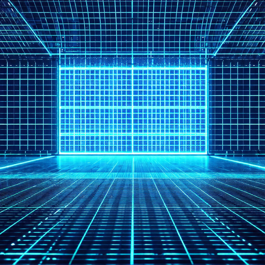 Futuristic room with a blue, glowing wall
