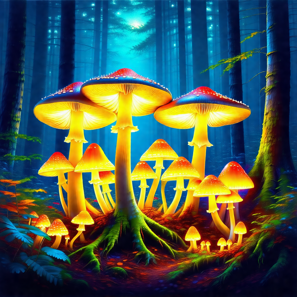 Forest with a group of brightly lit mushrooms growing on ...