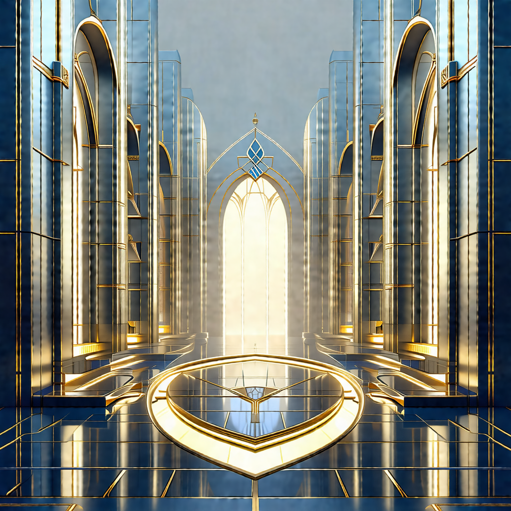 Painting of a large, ornate cathedral with a gold and blu...