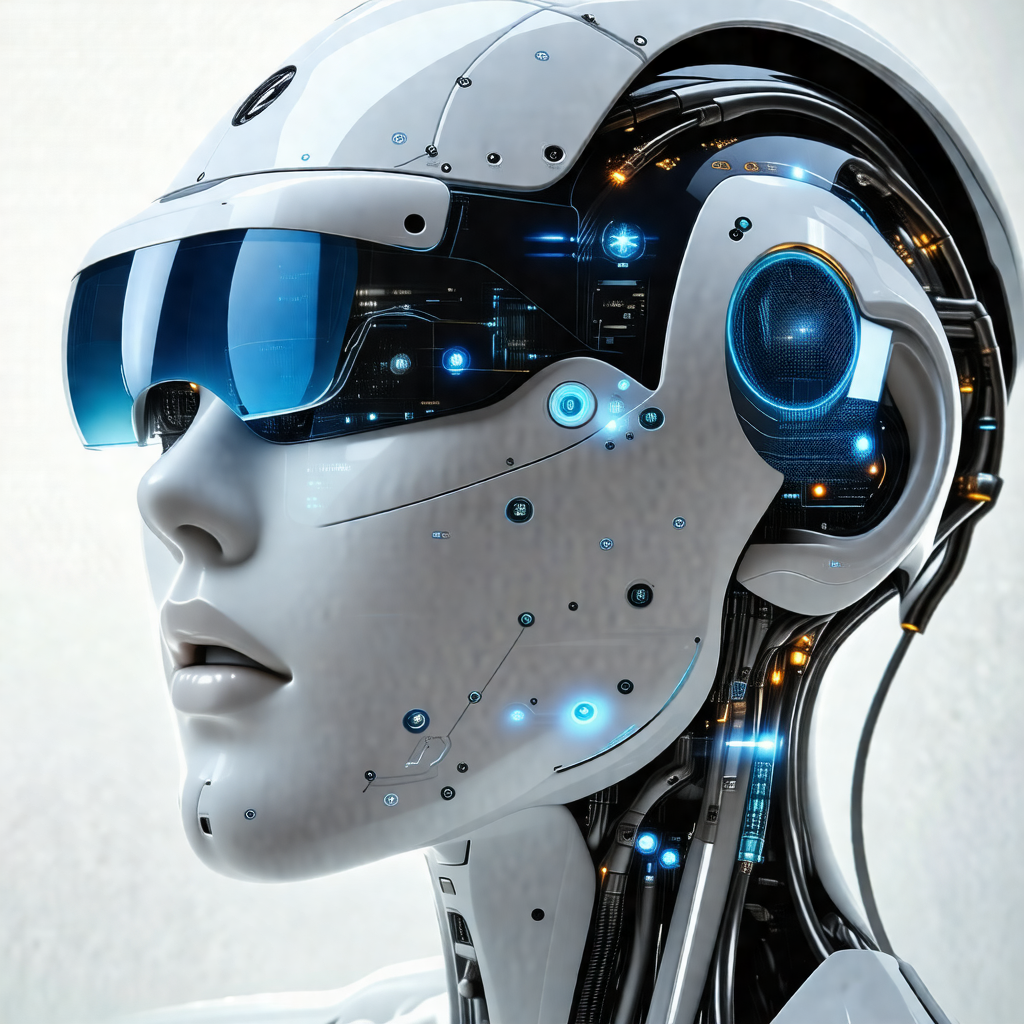 Futuristic robot with a human-like face, wearing sunglasses