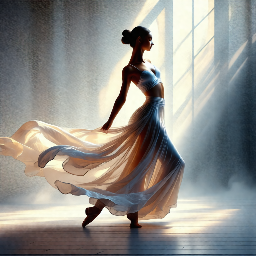 Woman in a white dress, standing in a room and gracefully...