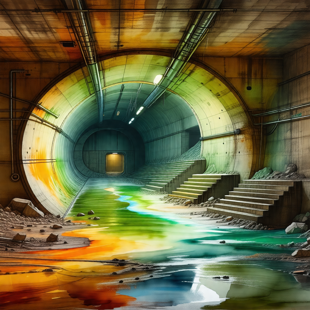 Painting of a tunnel with a rainbow-colored waterway flow...