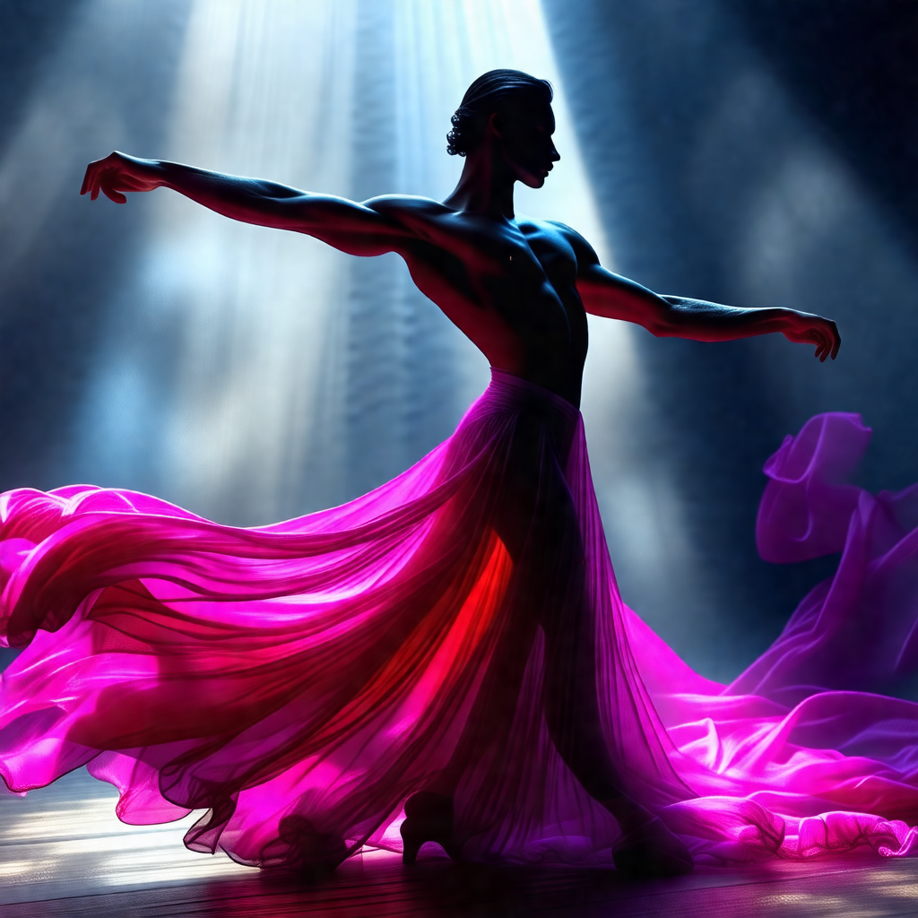 Man in a pink dress performing a dance on a stage