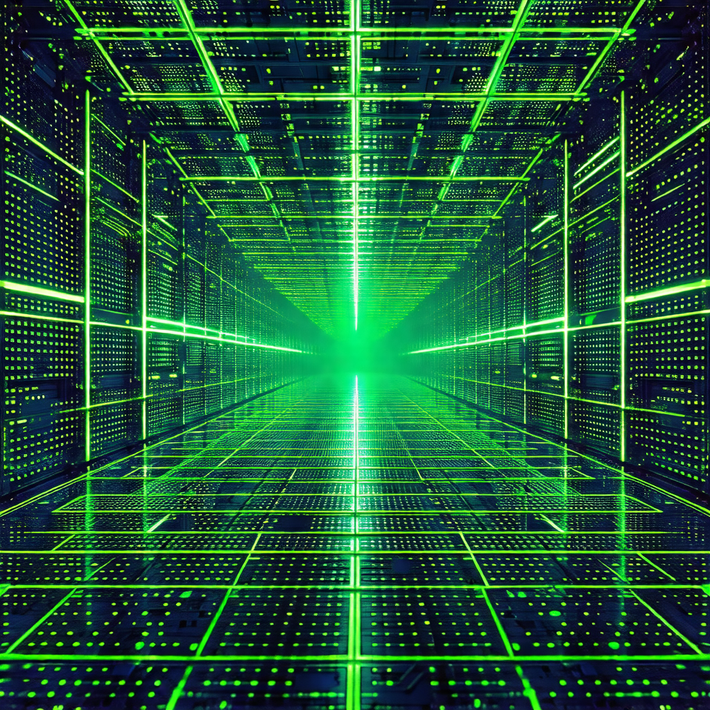 Futuristic, computer-generated scene featuring a large, g...