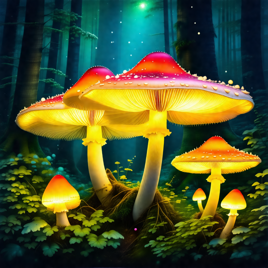 Forest with a group of four brightly colored mushrooms