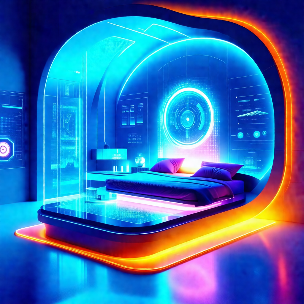 Futuristic bedroom with a bed that is lit up with blue an...