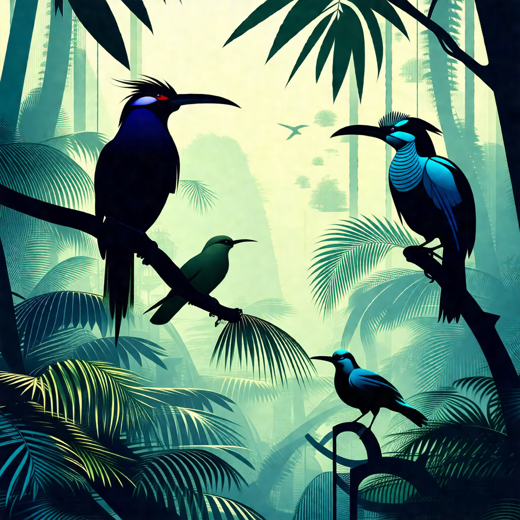 Lush green forest with a variety of birds perched on tree...
