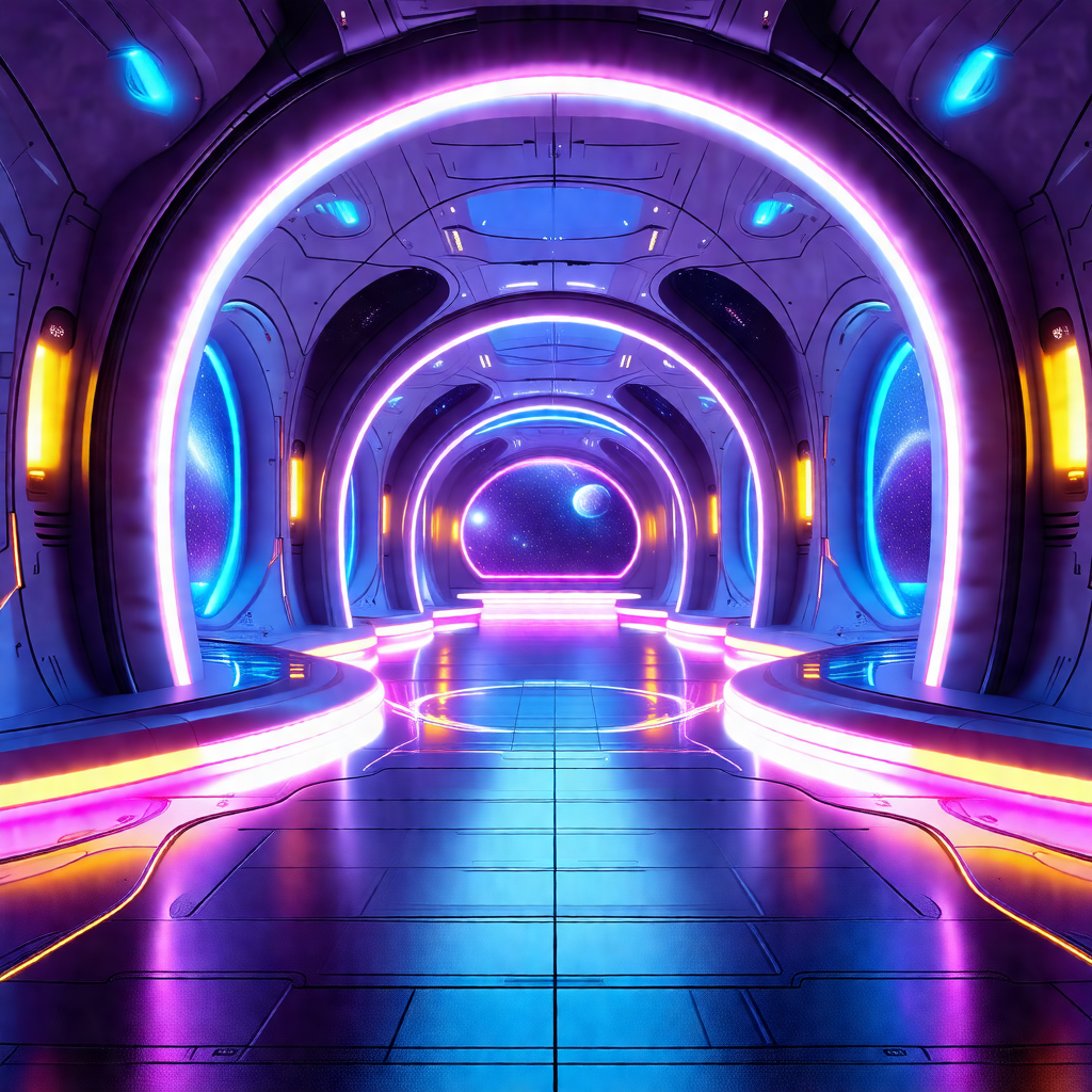 Futuristic space station with a long, brightly lit hallway