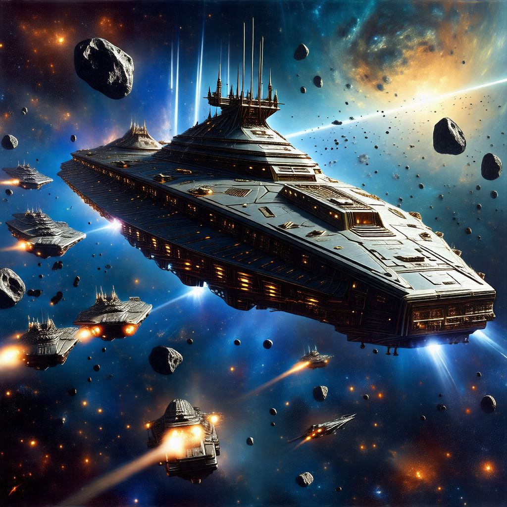Futuristic spacecraft with a large, pointed structure on top