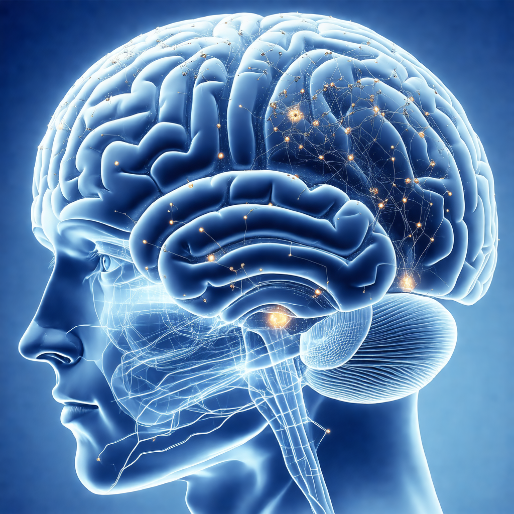 Close-up of a human head, focusing on the brain and its s...