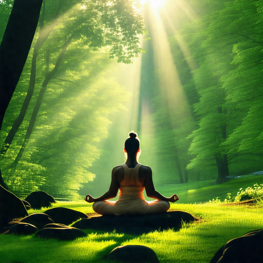 Woman sitting in a forest, surrounded by trees and rocks