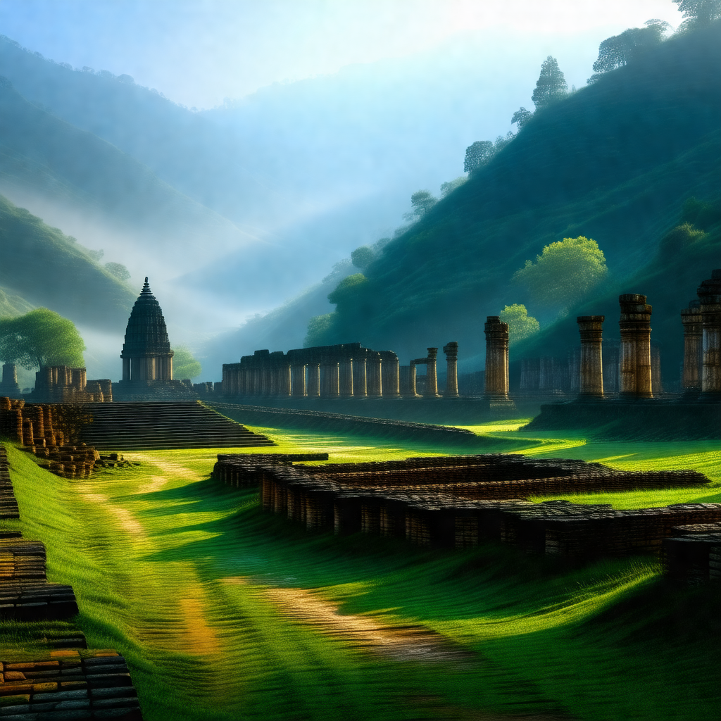 Lush green hillside with a large number of stone pillars ...
